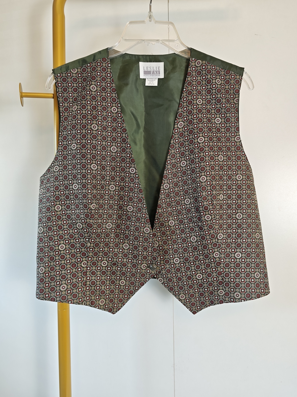 Whimsigoth Leslie Fay Printed Vest Womens 10 Green Vintage Geometric V-Neck